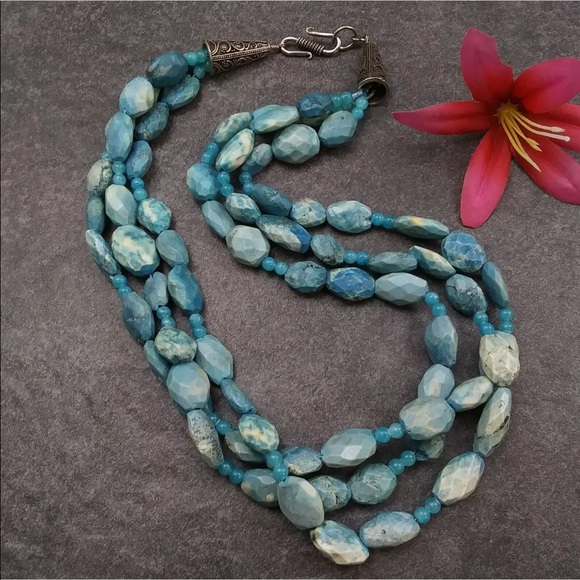 Handmade Blue Gemstone Multi Strand Geometric Shapes Necklace. 20” - Picture 2 of 9